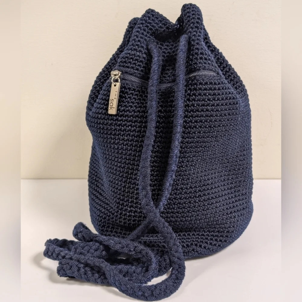 The Sak Navy Blue Dylan Crochet Drawstring Bucket Backpack Bag